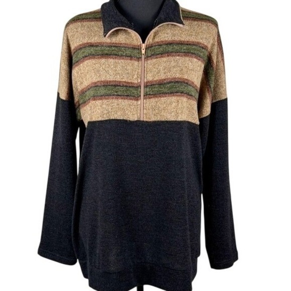 Lilypad Tops - Lilypad Striped Quarter Zip Pullover Sweater Super soft‎ Women's Beige Black